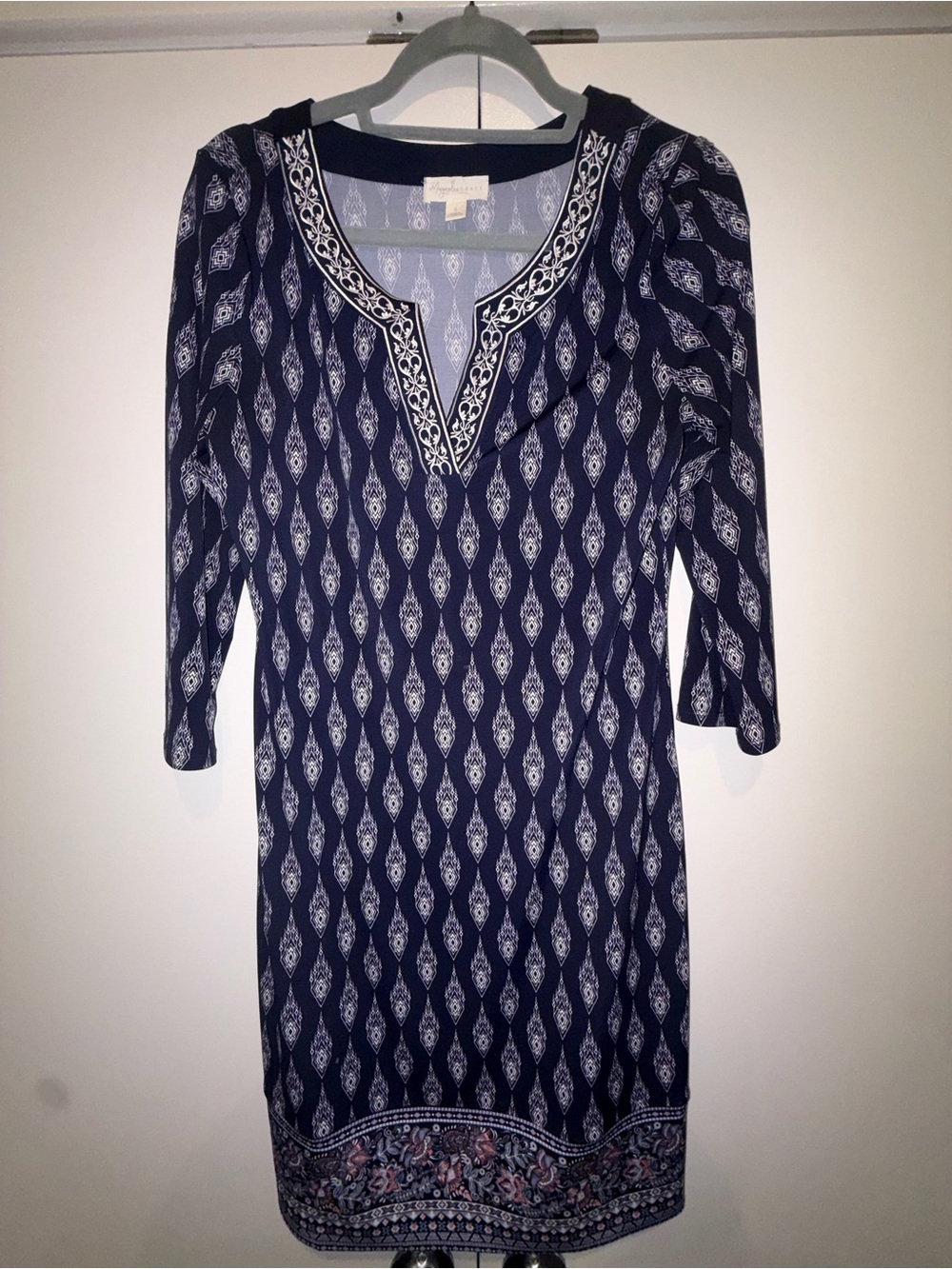 Magnolia Grace Navy Boho Print Embroidered Shift Dress Size S